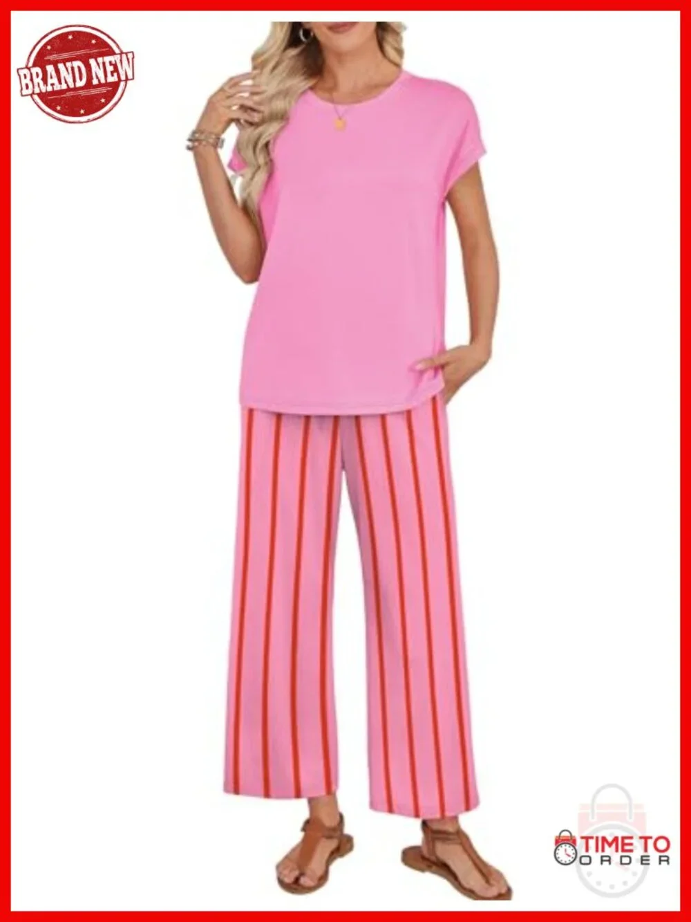 Two Piece Lounge Set Cap Sleeve Top Wide Leg Pants Beach Vacation Travel